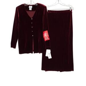 K Studio Velour Cardigan Top Long Skirt Matching Set Wine Red Womens 8 NWT